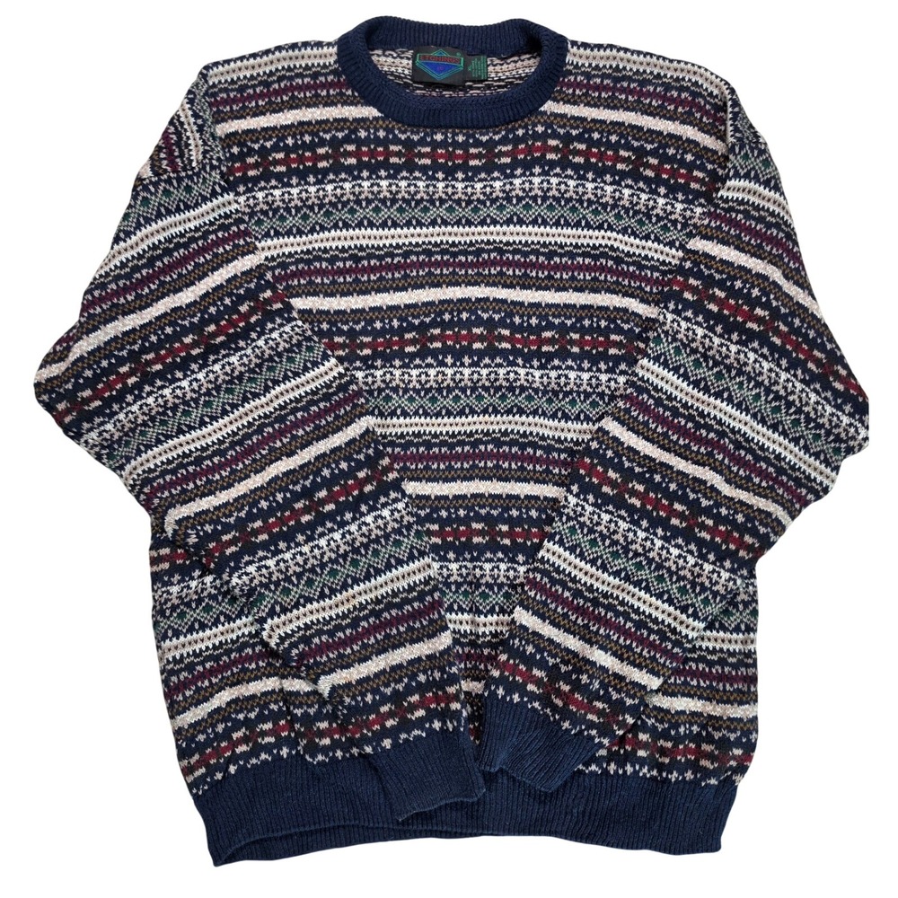 Etchings Vintage Fair Isle Crewneck Sweater Mens XL Navy Blue Cotton Ramie Blend